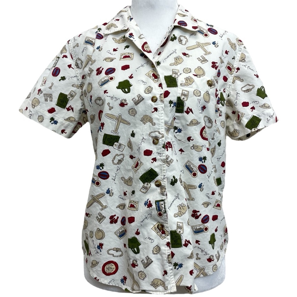 Petite Sophisticate Vintage Cotton White Bon Voyage Print Button Front Shirt